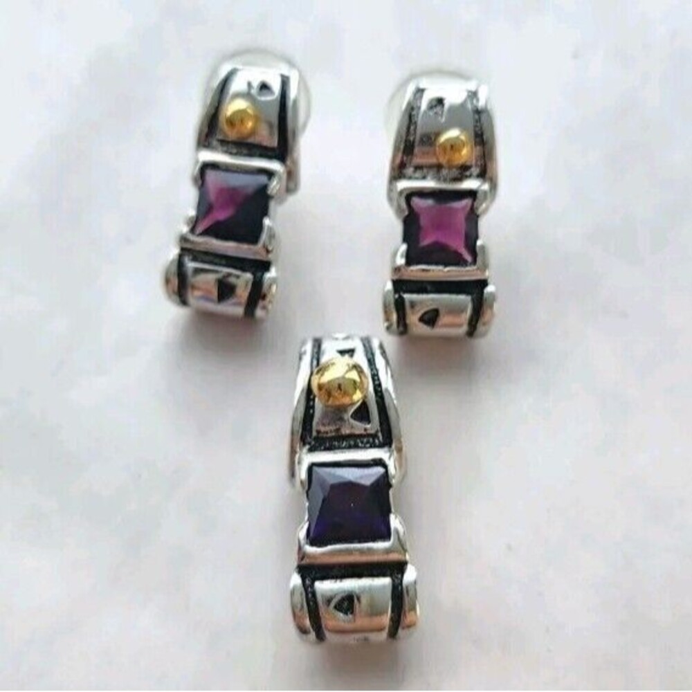 Statement Pendant & Earrings Set Classic Two Tone Amethyst‎ Purple Stone Elegant